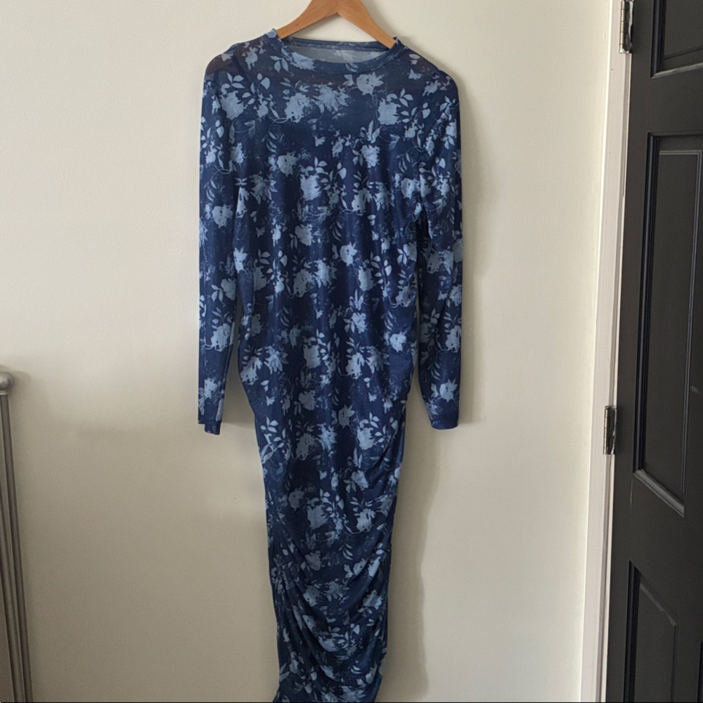 Blue Floral Long Sleeve Ruched Maternity Maxi Dress